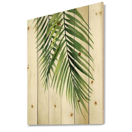 Designart - Detail Tropical Palm Branches - Tropical Print on Natural Pine Wood
